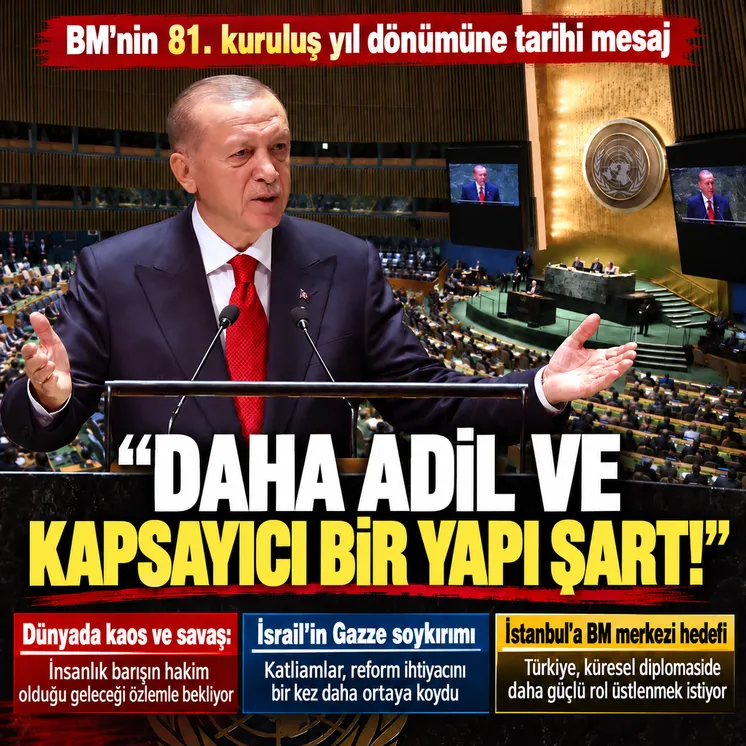 Başkan Erdoğan, 24 Ekim Birleşmiş Milletler Günü dolayısıyla yayımladığı mesajında, BM'nin kuruluş yıl dönümünü Türkiye ve Türk milleti adına kutladı